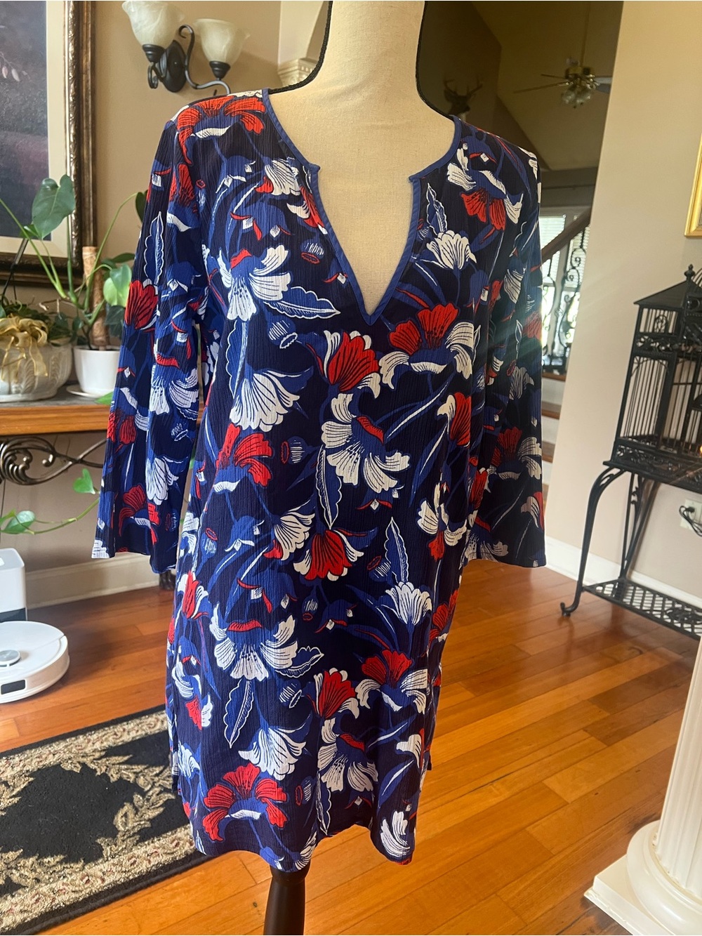 J. Crew Navy Floral Print Tunic/Mini Dress/Cover Up with Red and White Accents